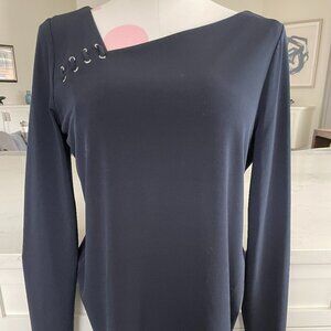 Ivanka Trump LS Asymmetrical Lace Detail Neck Polyester Blend Top Navy Blue Sz S